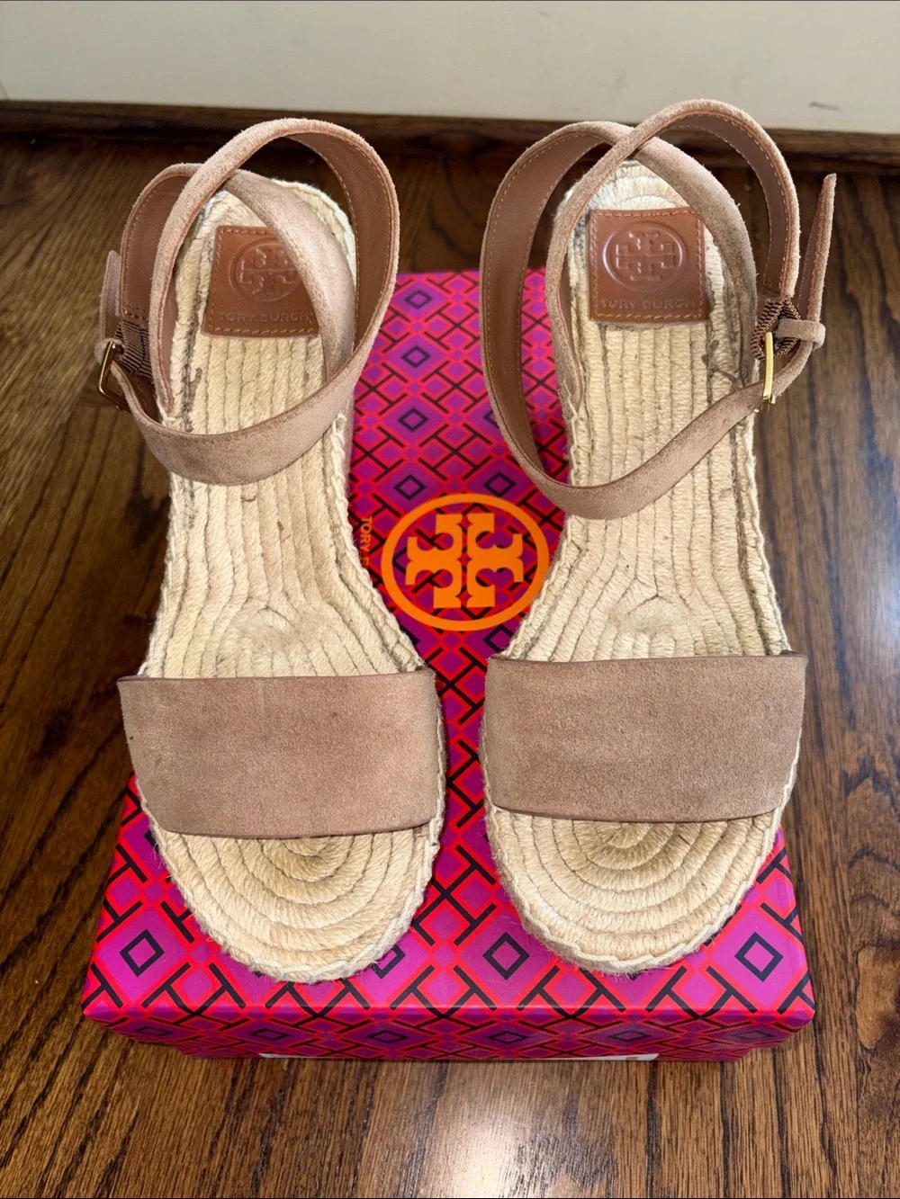 Tory Burch Natural Tan Suede Espadrille Wedge Sandals with Ankle Strap
